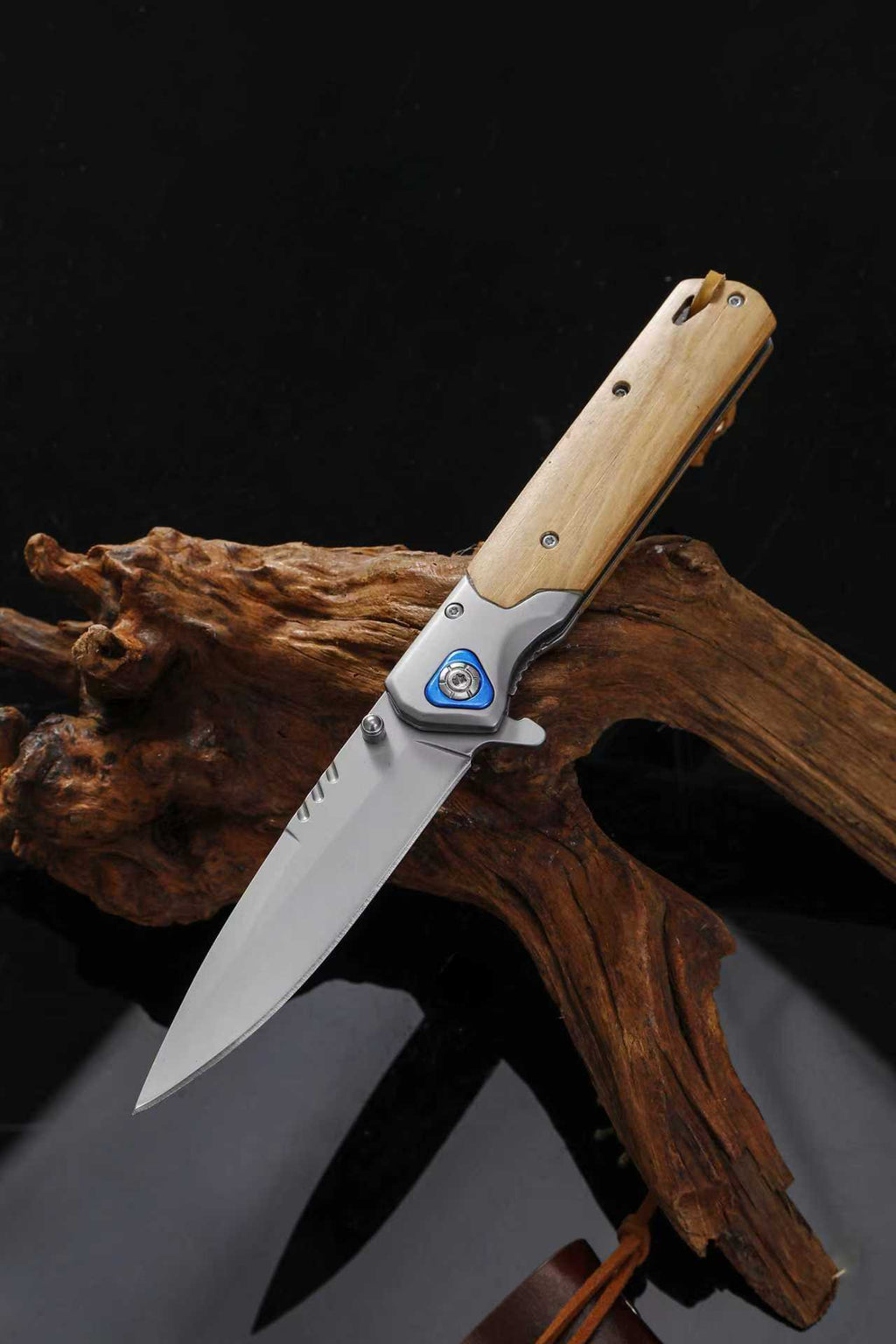 F221 folding knife olive wood handle view 1