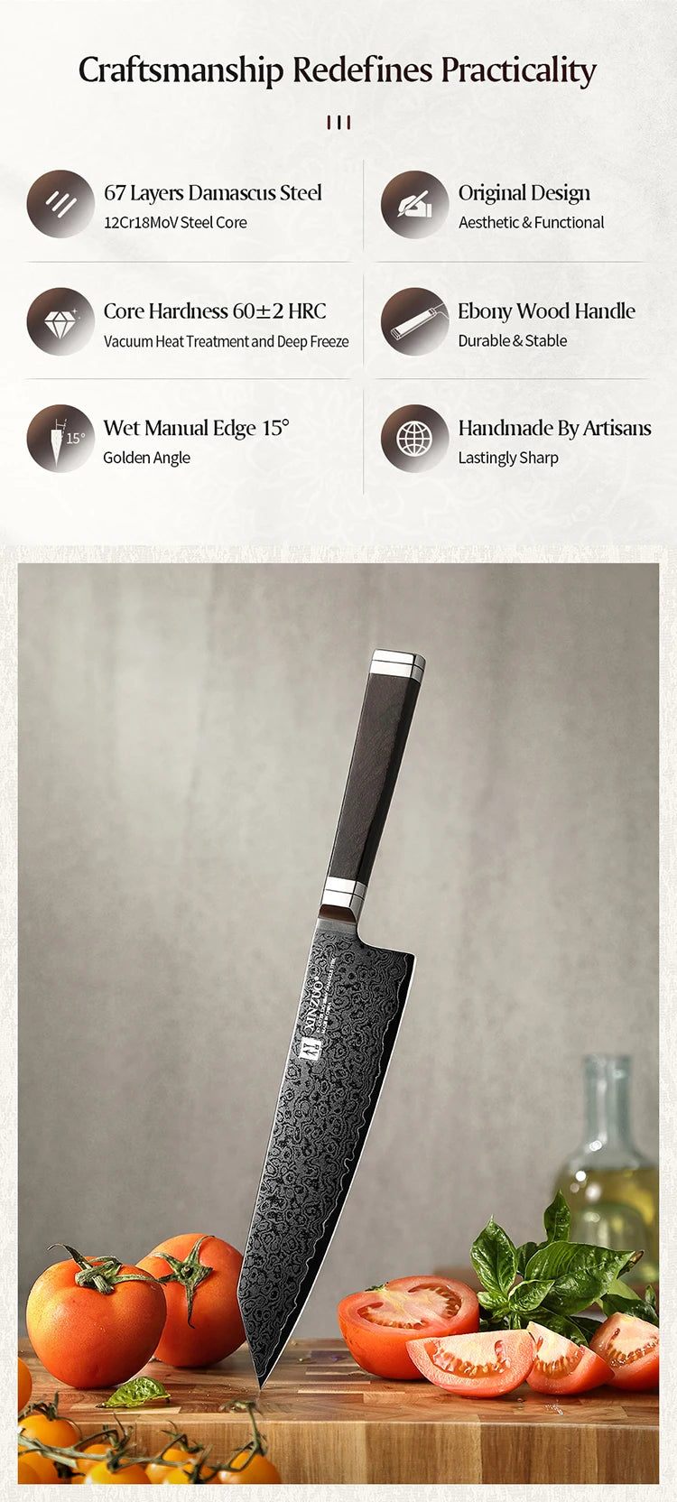 Professional 67-Layer Damascus Steel Kitchen Knife - Black Titanium Plated Blade with Ebony & G10 Handle
