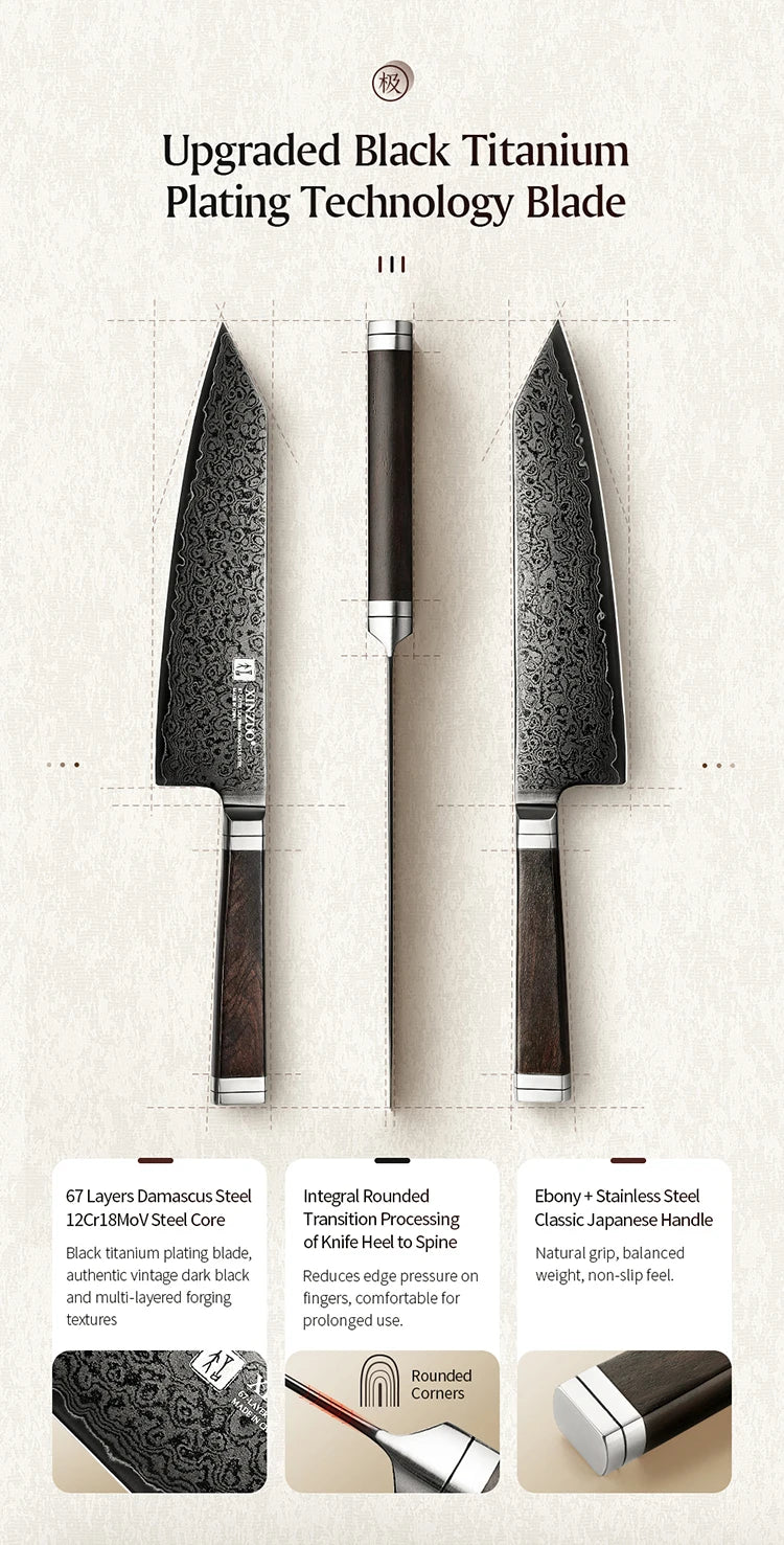 Professional 67-Layer Damascus Steel Kitchen Knife - Black Titanium Plated Blade with Ebony & G10 Handle